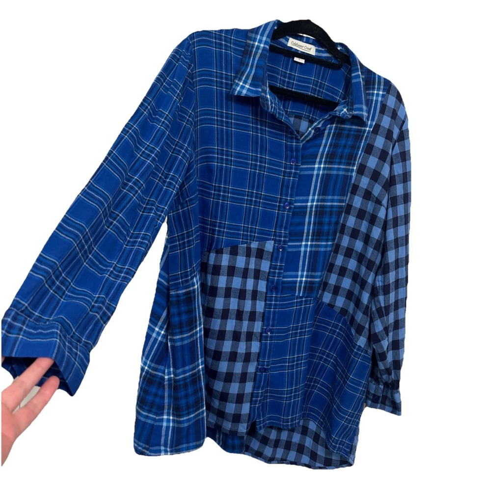 Coldwater Creek Into The Mix Plaid Flannel Top L Sapphire Blue Mixed Patchwork - Picture 3 of 9